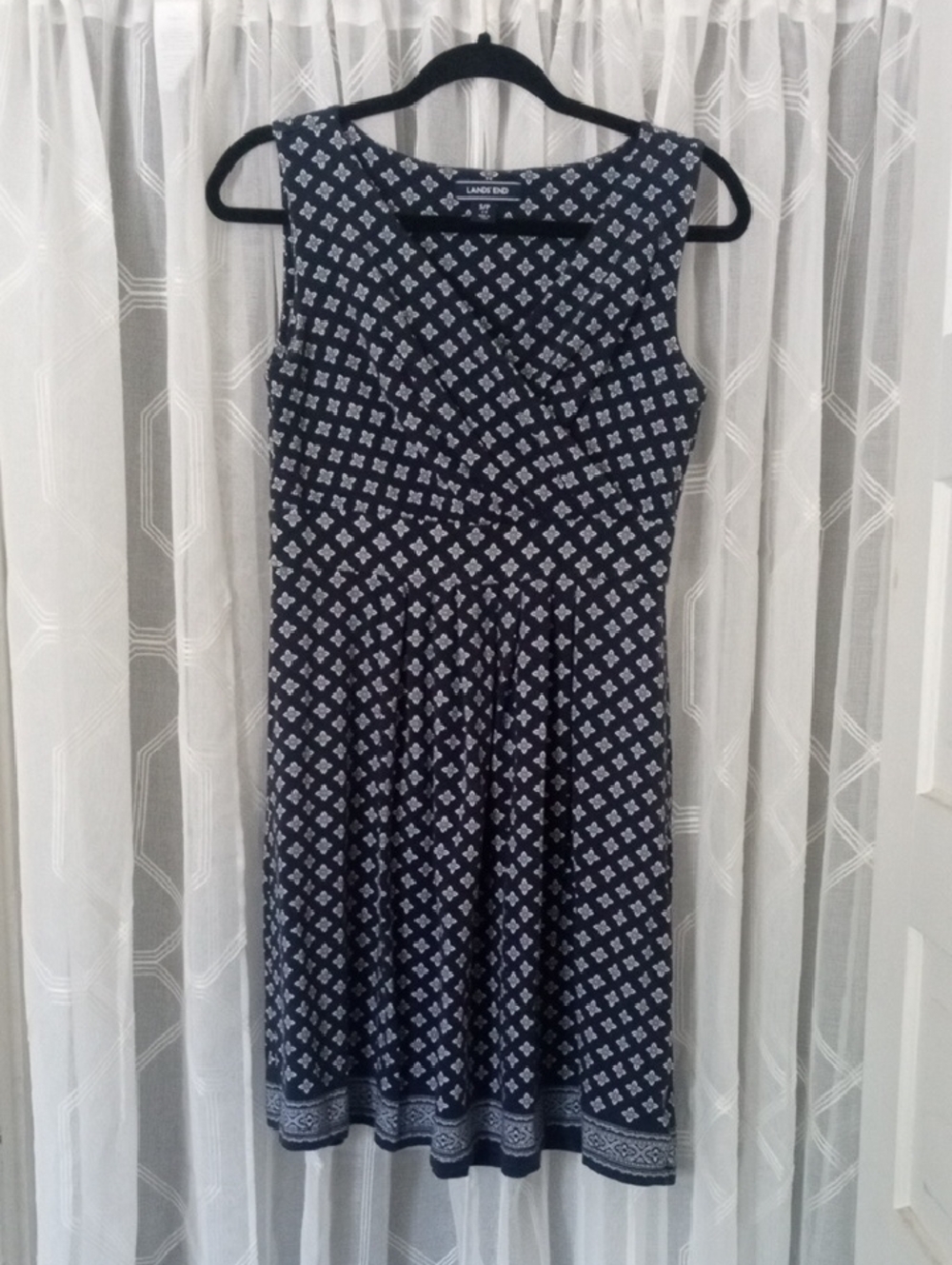 Lands' End Navy and White Sleeveless Patterned Midi Fit-and-Flare Dress Size S